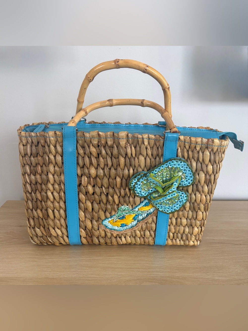 STRAW TOTE Woven with Turquoise Trim and Sequin Flip Flop